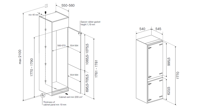 60 cm frigorifero combinato da incasso H177, sliding door | Bertazzoni